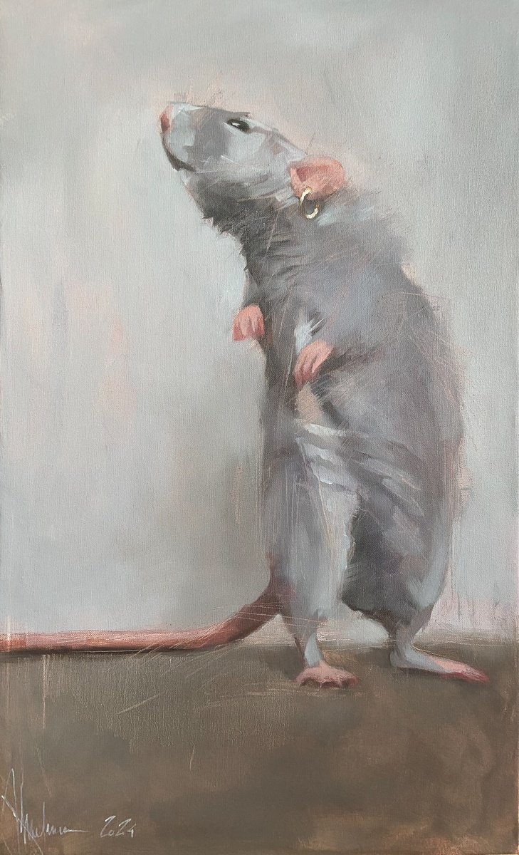 Impressionistic Animal Oil Painting By Igor Shulman, 18 X 30, Christmas Rat., Original Artwork