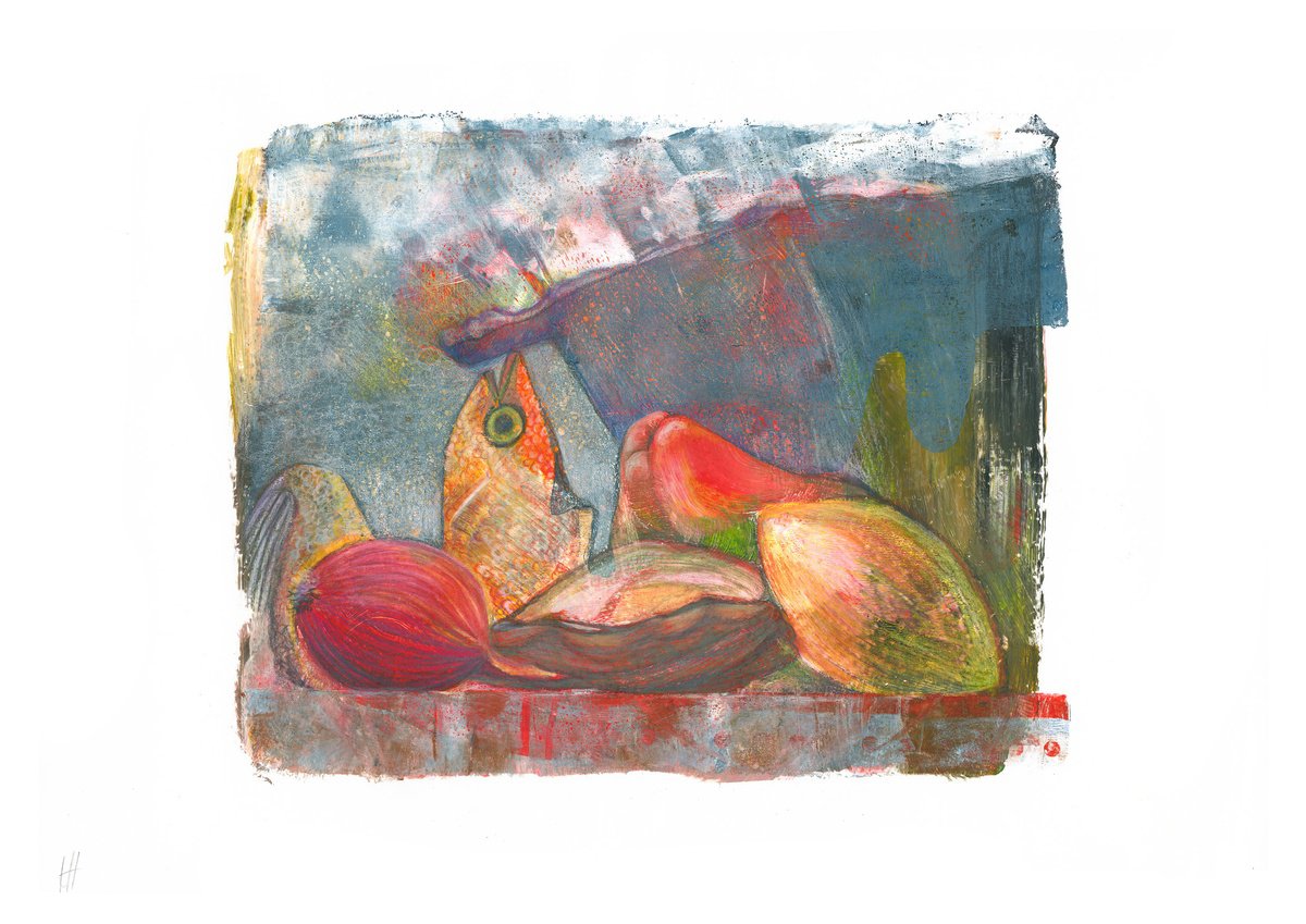 Illustrative Still Life Limited Edition Print By Hilde Hoekstra, 17 X 12, Still Life With Fish, Original Artwork