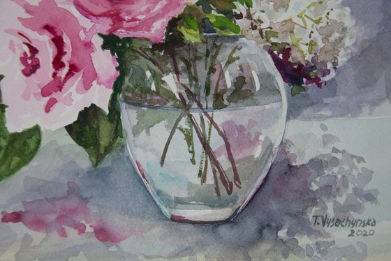 Roses in glass vase. Flower still life.