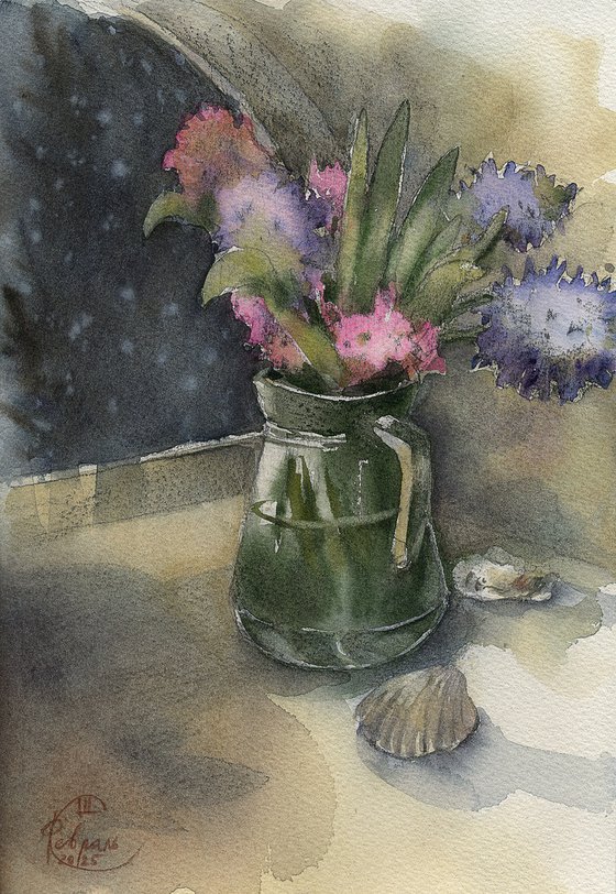 Still life with hyacinths and shells
