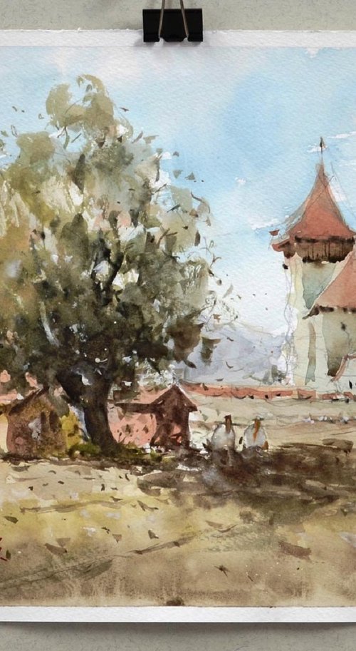 Rural Romania, watercolor art. by Marin Victor