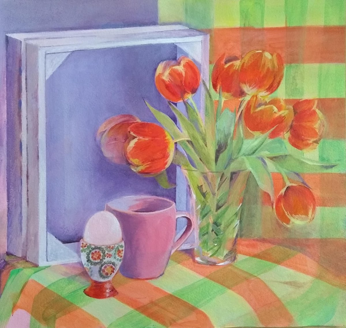 Tulips, tea and dotted egg cup, Still-life an original acrylic painting by Anjana Cawdell