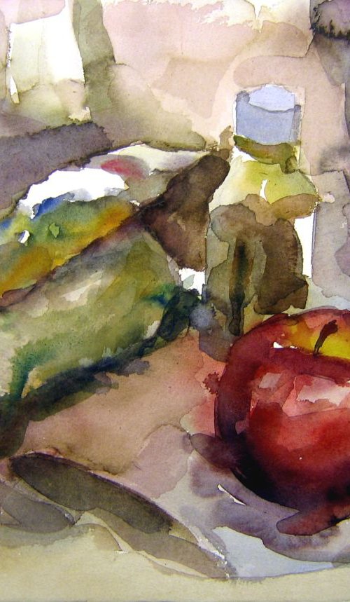 stil life with apple and tubes... by Goran Žigolić Watercolors