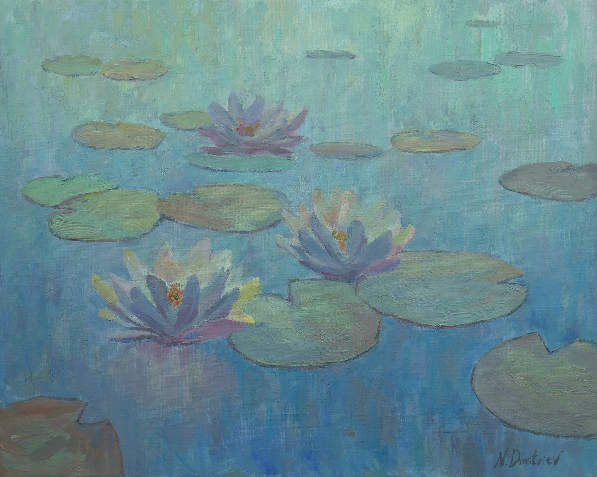 Light Water Lilies #blue version - original oil painting on canvas by Nikolay Dmitriev