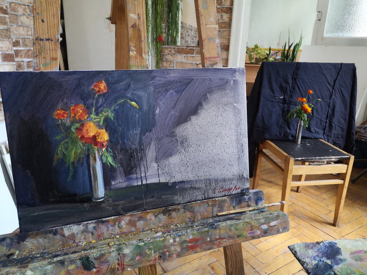 Expressive Botanical Oil Painting By Olga Samar, 20 X 12", Marigolds In A Military, Original Artwork