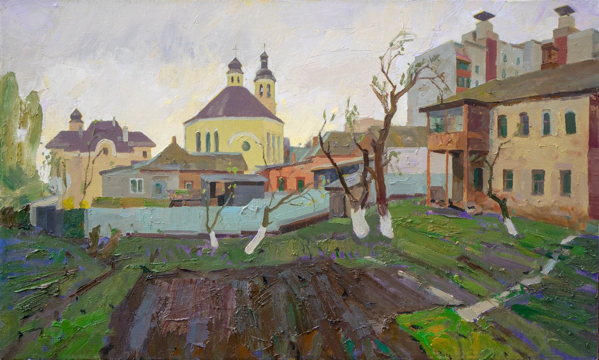 Impressionistic Cityscapes Oil Painting By Victor Onyshchenko, 39 X 24", Backyard Of A Catholic Cathedral, Original Artwork