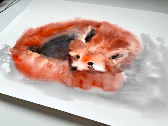 Red Panda Painting, Bear Original Watercolor Artwork, Nursery Decor