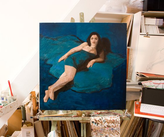 modern style impressionist nude  of a woman on blue background