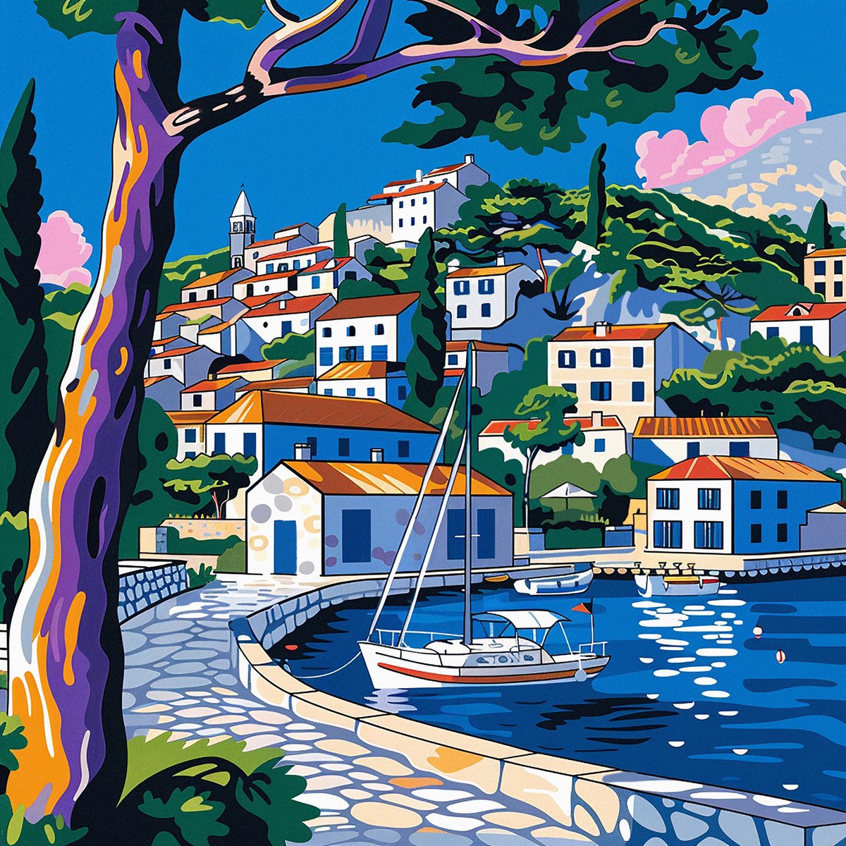 Urban And Pop Acrylic Painting , Hvar Island By Kosta Morr, 47 X 47, Artwork For Sale On Artfinder