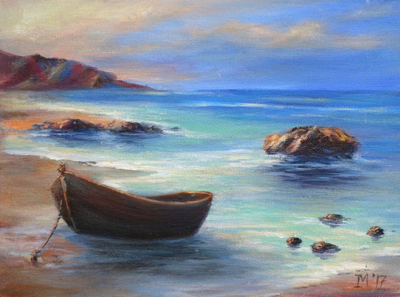 Boat - Painting Seascape Original Art Coastal Artwork Beach Wall Art Small Painting 9.5" by 7.2"