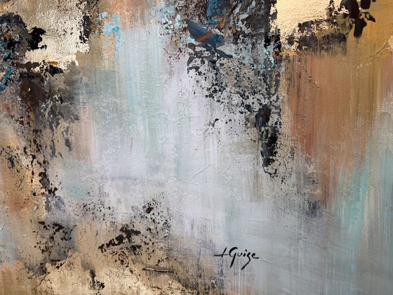 Awake - White Abstract Gold Teal Painting Original, Large Size, Gold Leaf, Sky, Living Room Art, Wall Art Decor Size: 48"x32" (120x80 cm)