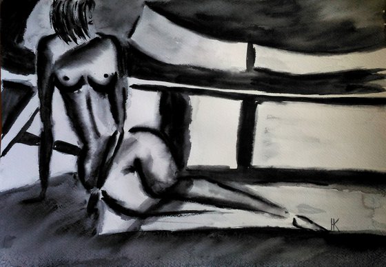 Nude Painting Woman Original Art Female Sitting Nude Black Monochrome Watercolor Painting Home Wall Art 20 by 14" by Halyna Kirichenko