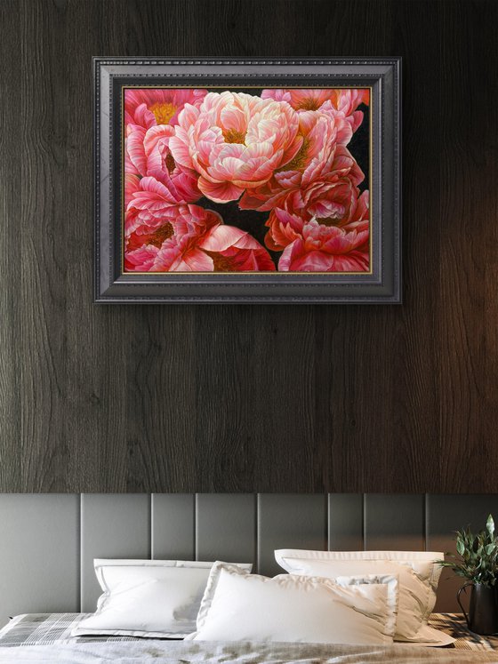 Red peonies on dark background