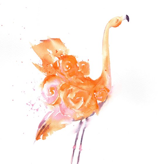 Floral Feathers, Original Flamingo painting, flamingo wall art, Rose painting, Orange and pink
