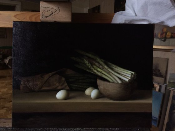 Asparagus and quail eggs, 30x40cm, oil no canvas, 2018, original classic still life