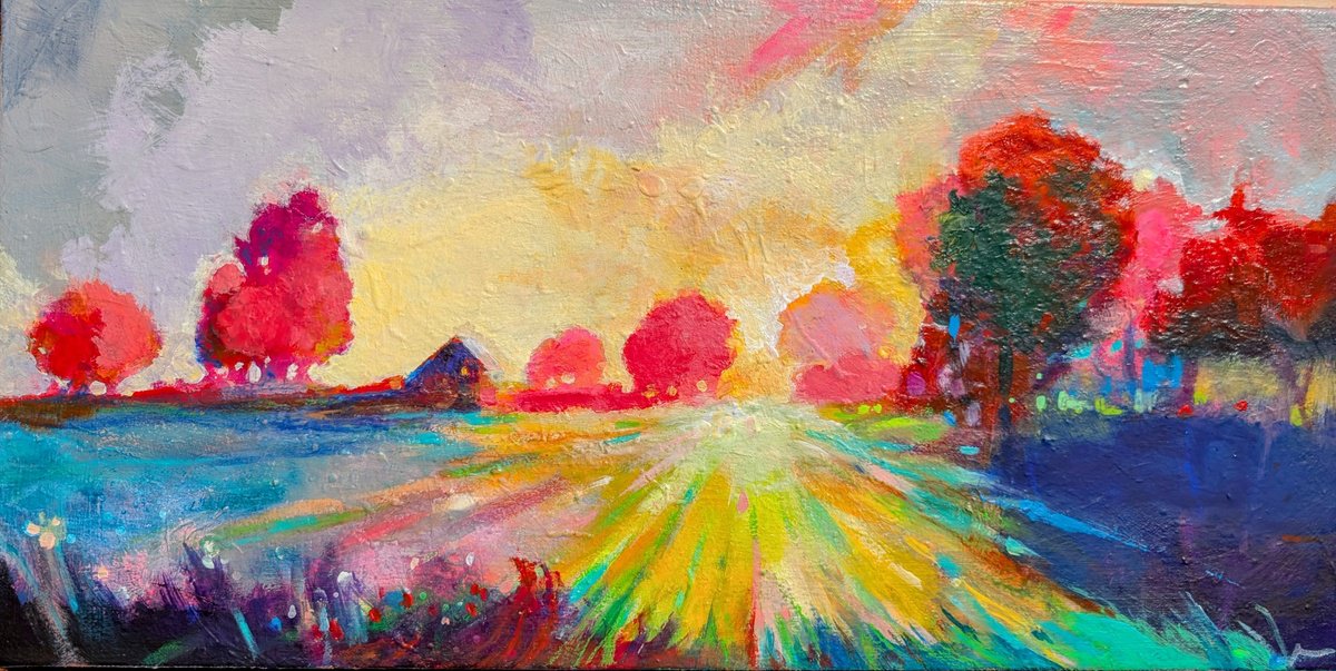 Impressionistic Landscape Acrylic Painting By Kerri Mccabe, 24 X 12", Walk In The Park., Original Artwork