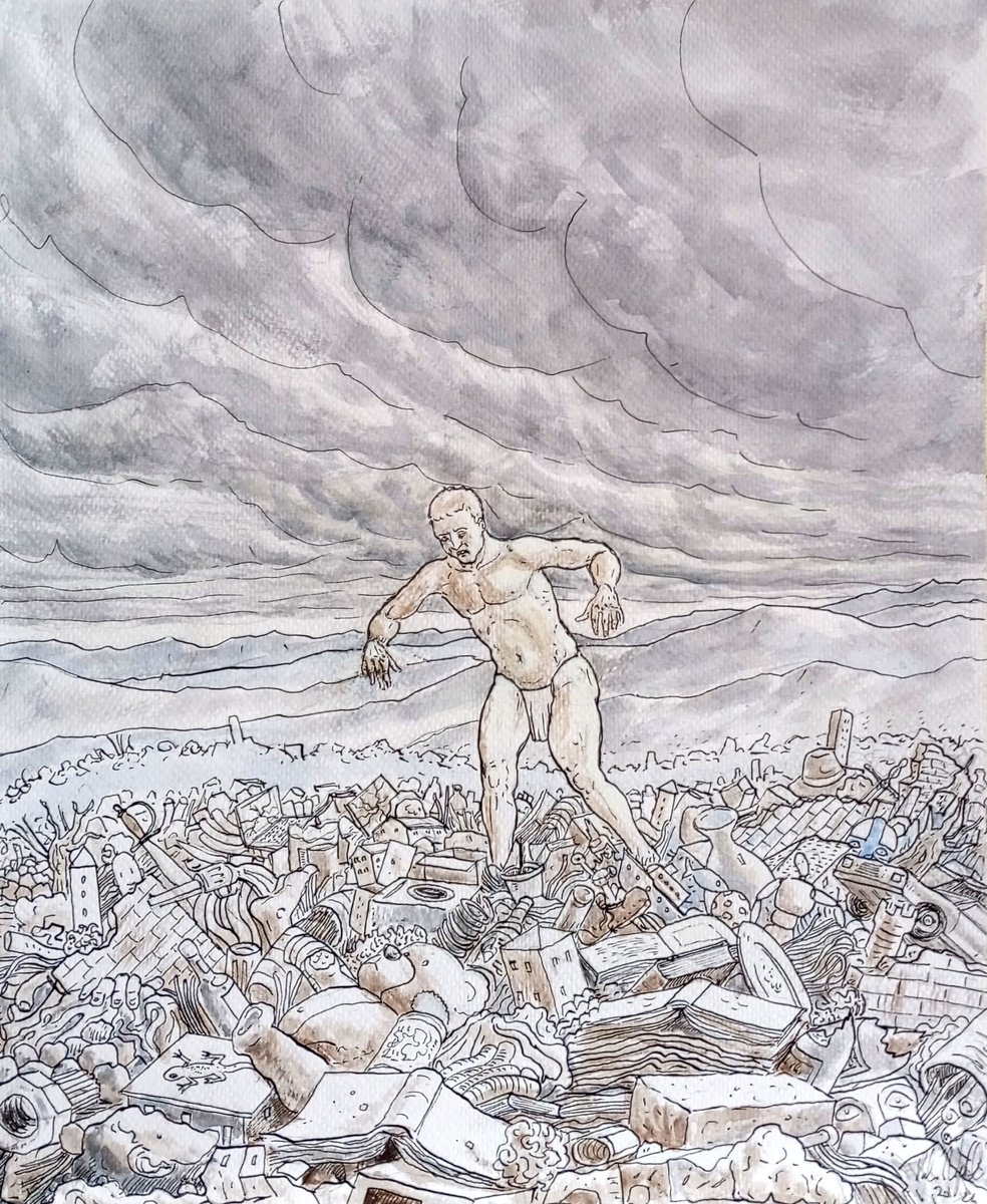 Surrealistic Landscape Ink Drawing By Paolo Beneforti, 9 X 12", Rough Path, Original Artwork