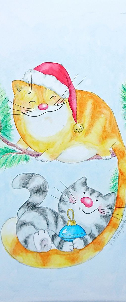 Cat's Christmas. Watercolor portrait painting. by Svetlana Vorobyeva
