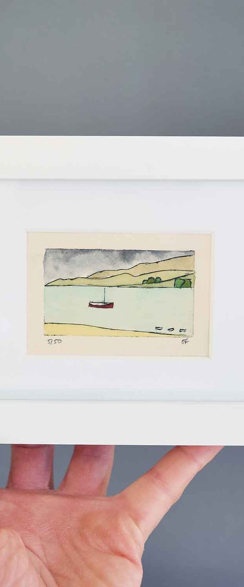 Small framed little red boat on loch by Sally Fisher