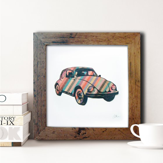 Framed stripy Beetle print (1960's - 1970's VW Beetle car - one of a kind - lino-print collage)