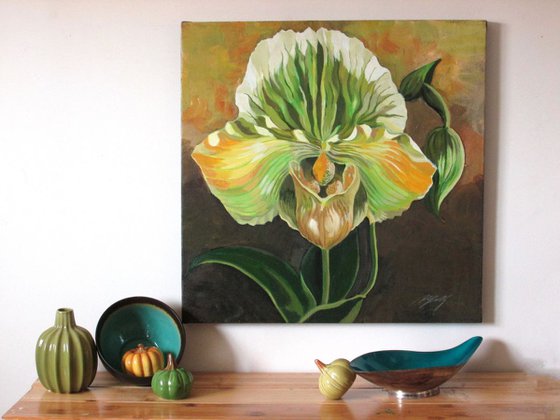 ladyslipper orchid in green
