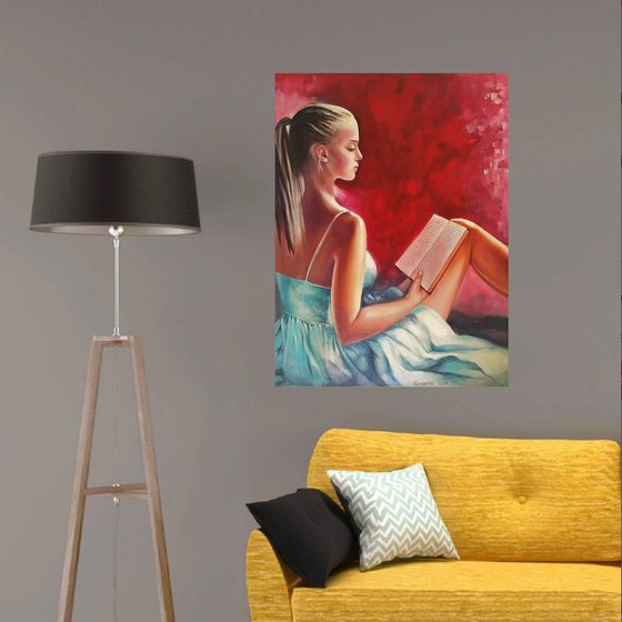 Girl with a book - 60 x 80cm Original Oil Painting