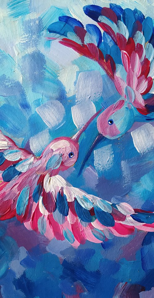 Lovers in flight - birds, hummingbirds, love, animals acrylic painting, art bird, impressionism, palette knife, gift. by Anastasia Kozorez