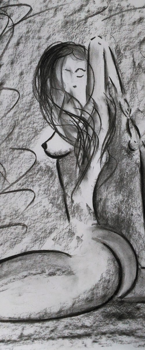 Nude Painting Yoga Girl Original Art Woman Nude Drawing Female Nude Charcoal Wall Art 13 by 18 inches by Halyna Kirichenko