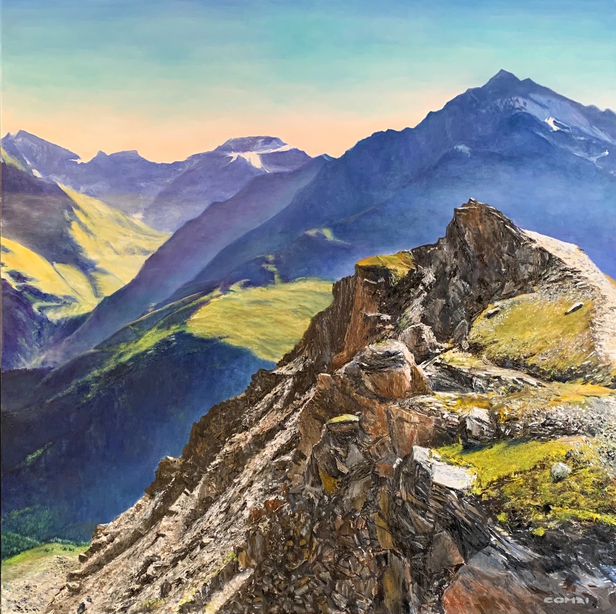 Photorealistic Landscape Oil Painting By Gianfranco Combi, 39 X 39, Polvere Di Sole, Original Artwork