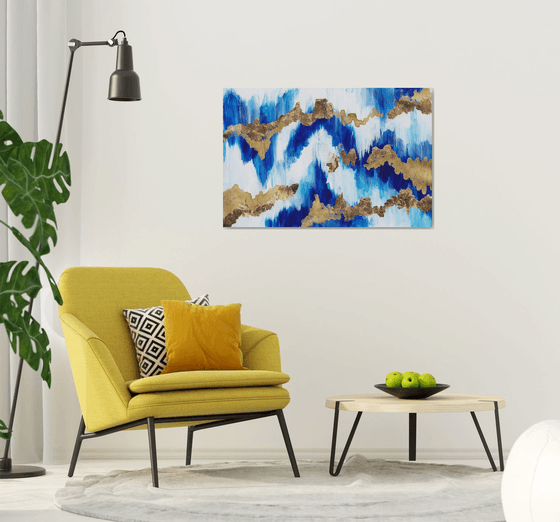 "Northern ligths"  landscape, original acrylic painting, abstract art, office home decor, gold, blue