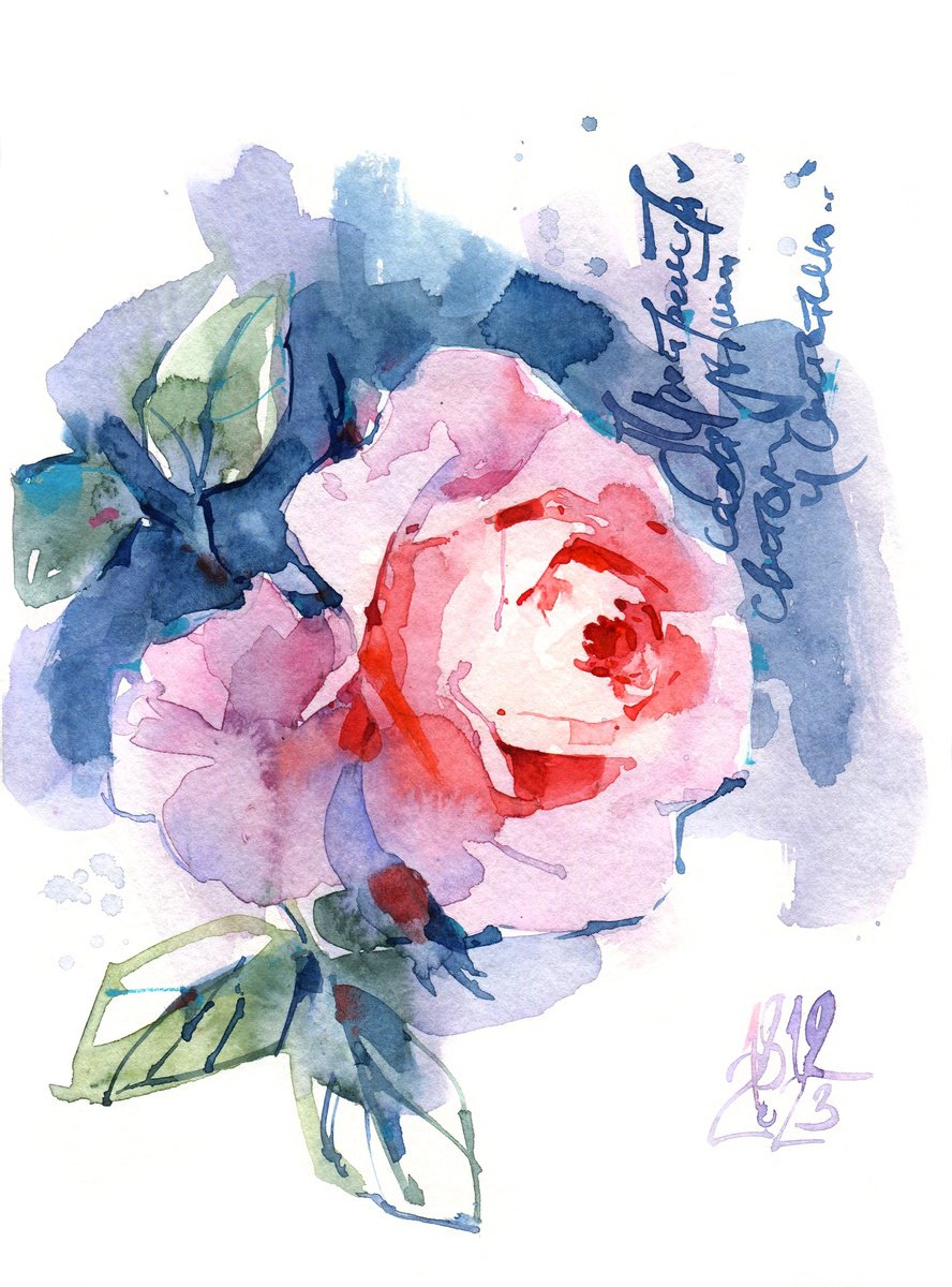 Glow watercolor sketch of an orange and coral English rose, Letters from the Garden se... by Ksenia Selianko