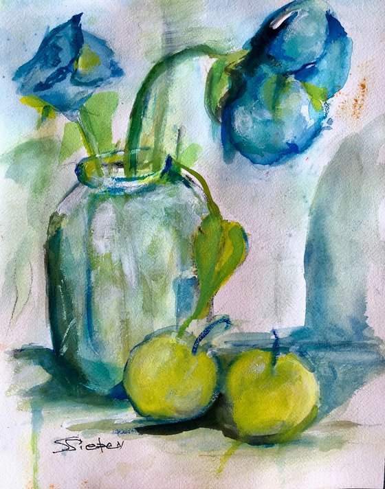 Blue Flowers and Yellow Apples