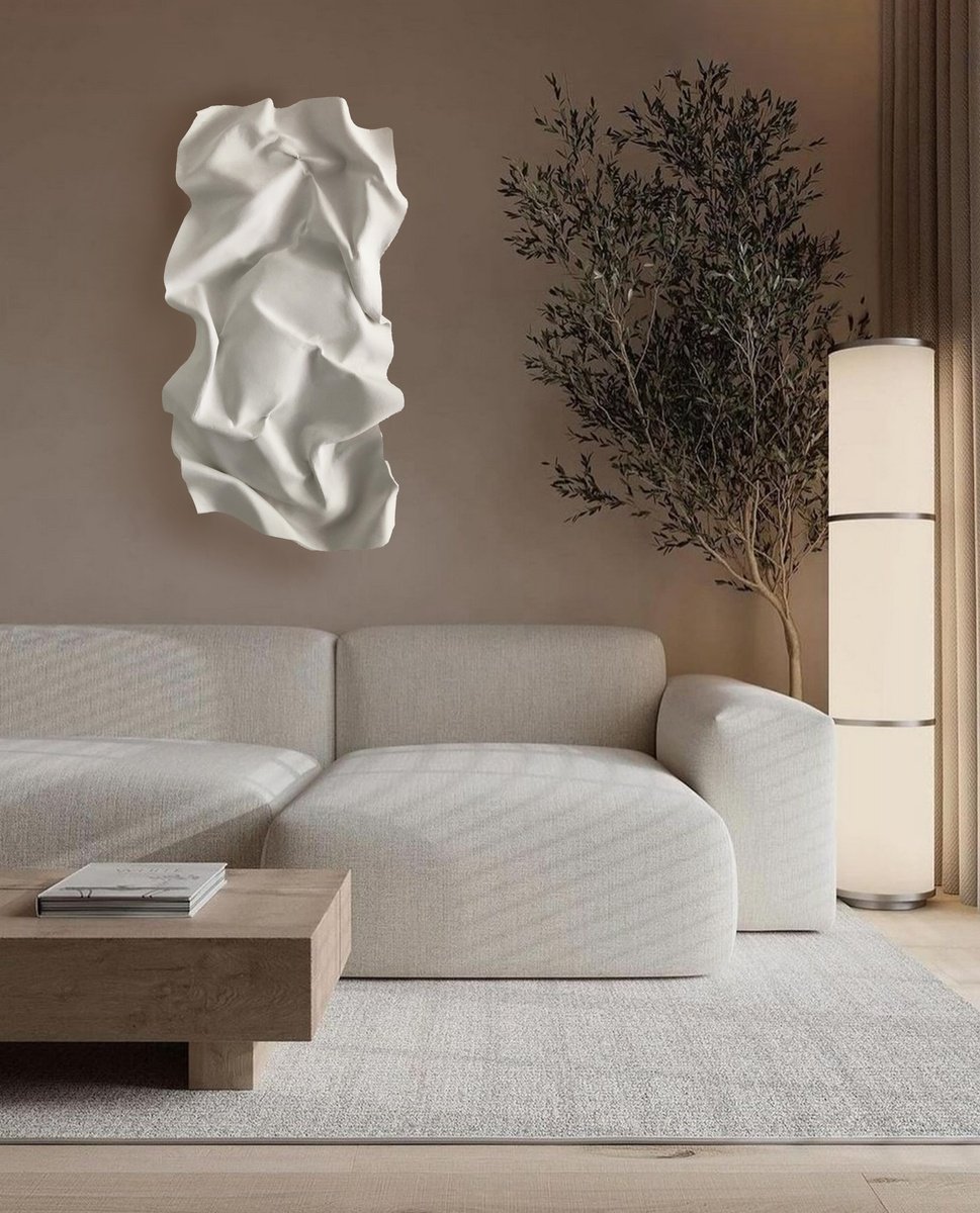 Abstract Relief By Viacheslav Zaykin, 18 X 33", White Textured Waves | Minimalist Wall, Original Artwork