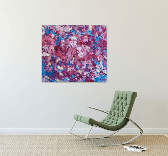 SAKURA BLOSSOM - abstract floral original oil on canvas painting, blue rose cherry-tree, Japan