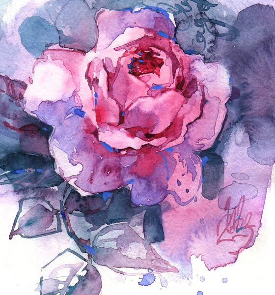 "Evening in the Garden" - Romantic watercolor sketch of a rose at dusk.