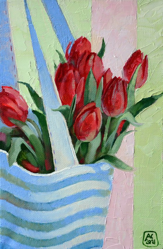 Red tulips in a bag