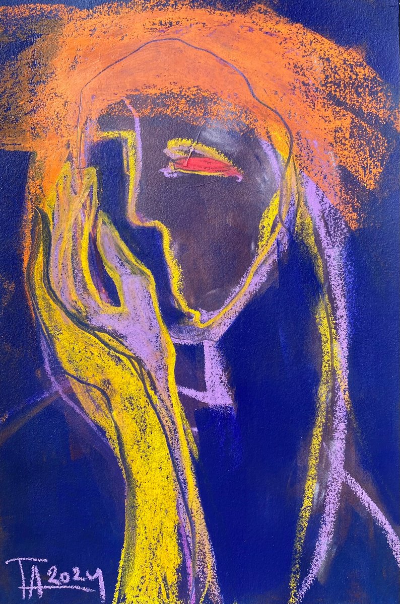 Expressive Portrait Pastel Drawing By Tatjana Auschew, 13 X 20", Portrait On A Hot Summer Day., Original Artwork