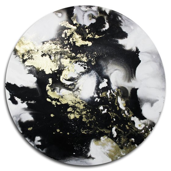 FANTASIA - ABSTRACT PAINTING - ROUND CANVAS DIAMETER 60 CMS * BLACK * WHITE * GOLD