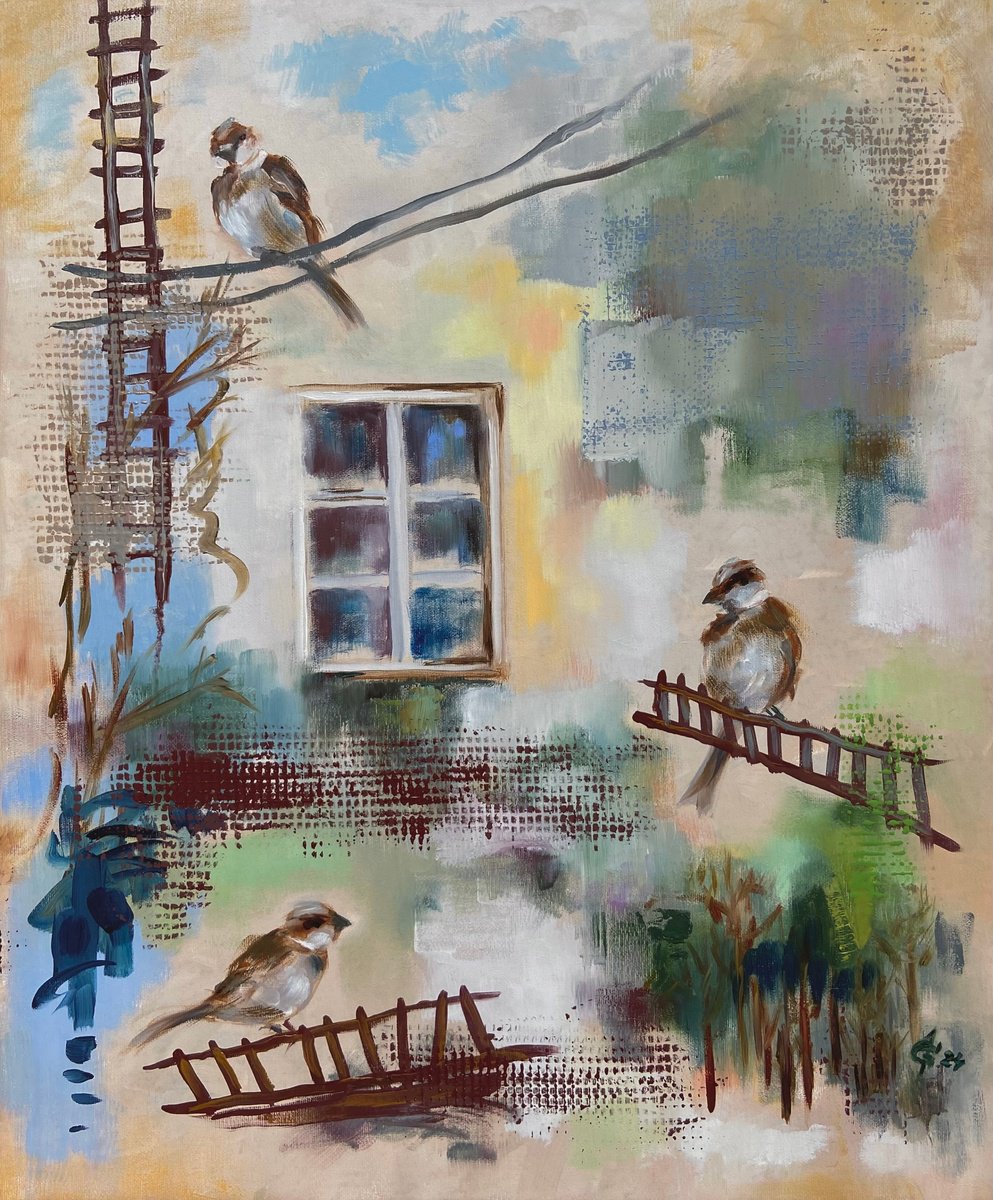 Animal Oil Painting By Junija (Yuna) Galejeva, 20 X 24", Morning Chat, Original Artwork