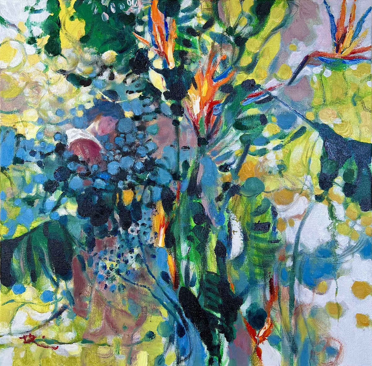 Impressionistic Abstract Oil Painting By Dong Lin Zhang, 25 X 25, View From The Tea House, Original Artwork