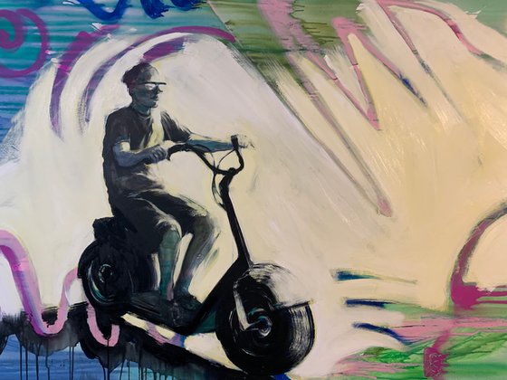 XXl Big painting - "Warm wind" - Pop Art - Sport - Electric scooter - Bike - Motorcycle - Street Art