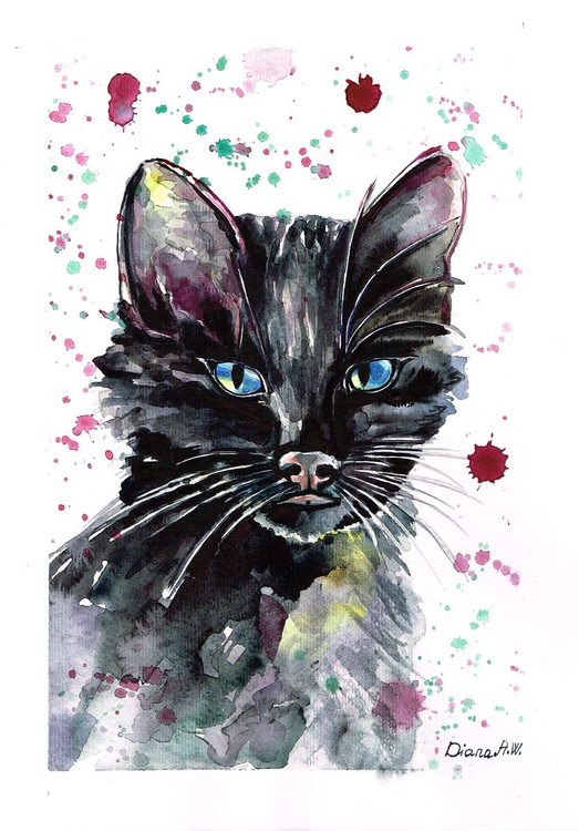 Cat Original Watercolour Painting Cute Black C Artfinder