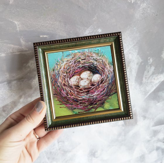 White eggs Bird nest oil painting original 4x4, Bird egg miniature Nest wall art framed, Small painting Easter gift