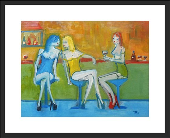 FEMALE ATTRACTIVE FASHION MODELS, HIGH HEELS, BAR, RED WINE, SEATED. Original Female Figurative Oil Painting. Varnished.