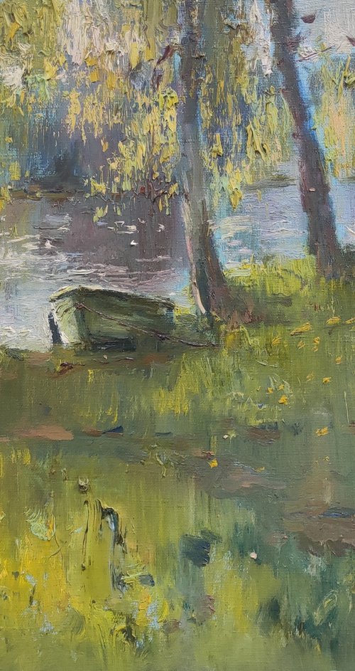 Boat on the green shore by Dmitrii Ermolov