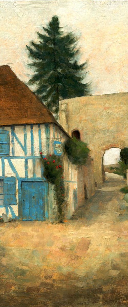 GERBEROY VILLAGE OF PAINTERS AND ROSES. THE OLD TIMBER FRAMED HOUSE PAINTING Framed by Gav Banns