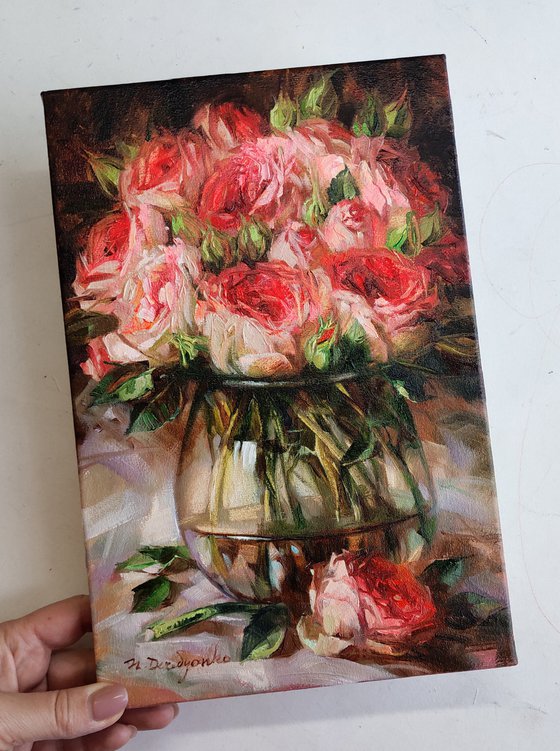 Roses flowers oil painting original canvas art, Floral painting red rose artwork impressionist, Birthday gift for women