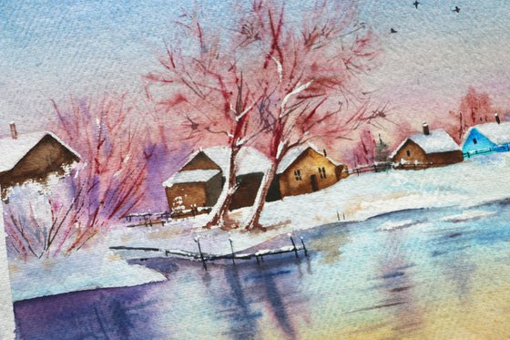 Winter village landscape. Original watercolor artwork.