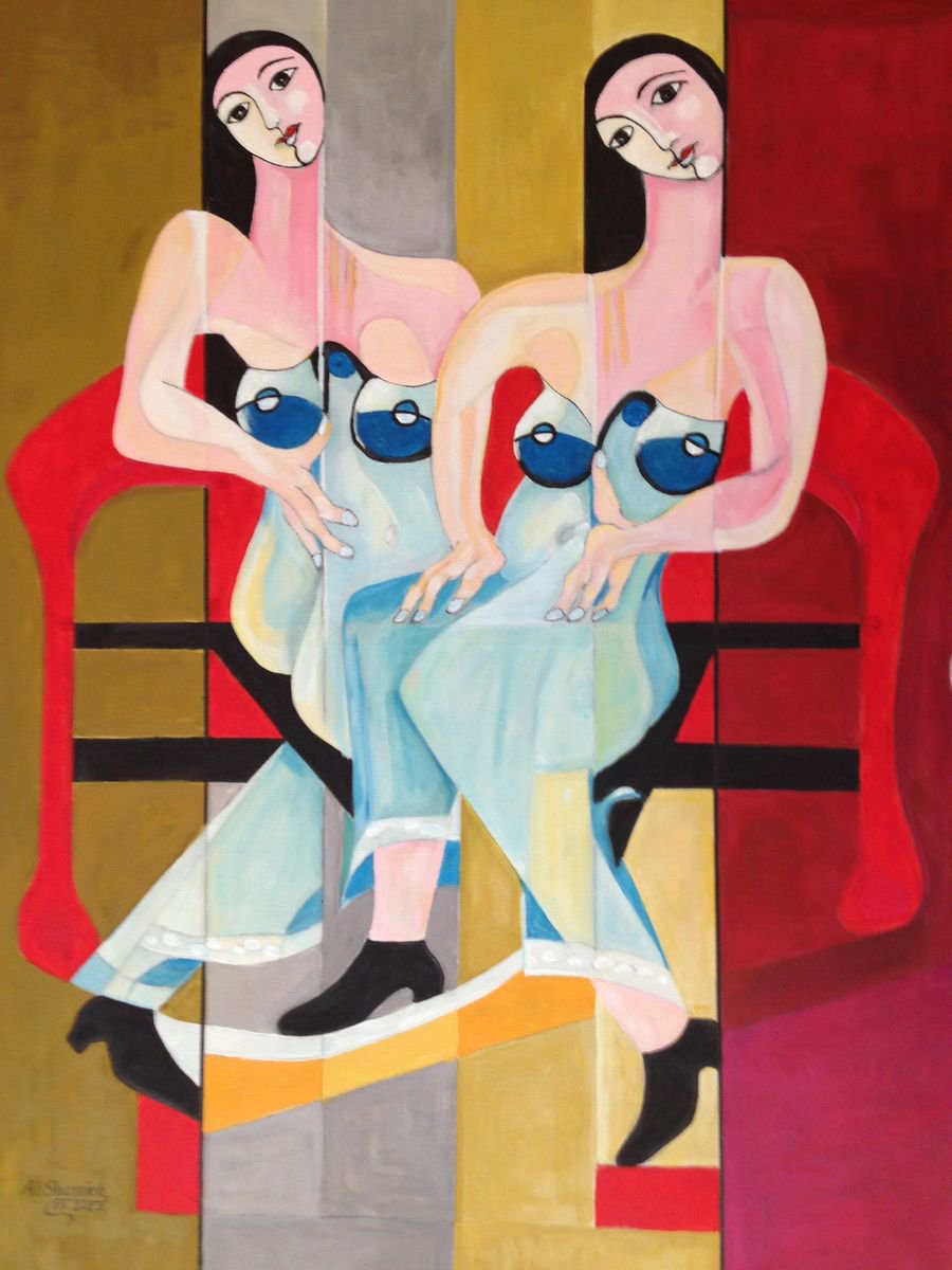 Abstract Portrait Acrylic Painting By Abdelrahman Shamieh, 20 X 28, Twins, Original Artwork