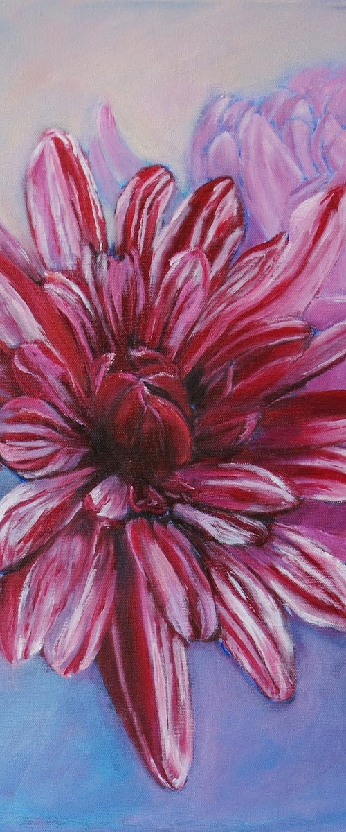 Deep Red and Pink Chrysanths by Maureen Greenwood
